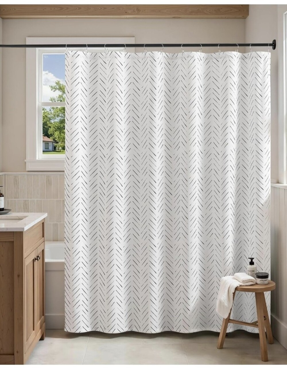 jinchan Shower Curtain Inky Moss Taupe Herringbone Chevron Curtain, Liner, Hooks